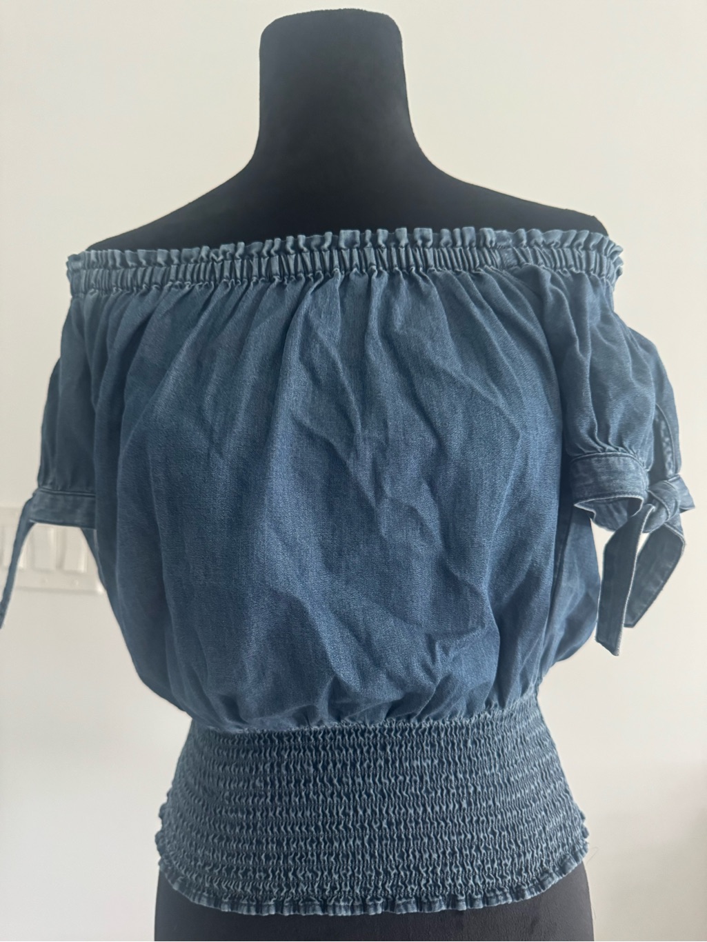 Express Off-Shoulder Denim-Look Smocked Waist Top In Blue